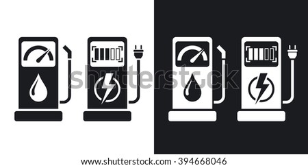 Gas station and charging station for electric car, vector icon. Two-tone version on black and white background