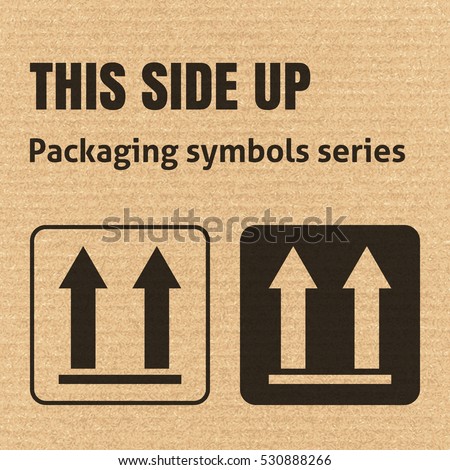 THIS SIDE UP packaging symbol on a corrugated cardboard background. For use on cardboard boxes, packages and parcels. EPS10 vector illustration