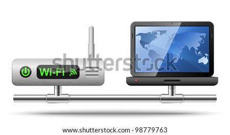 Icon of a laptop connected to a wireless router.  Vector Illustration