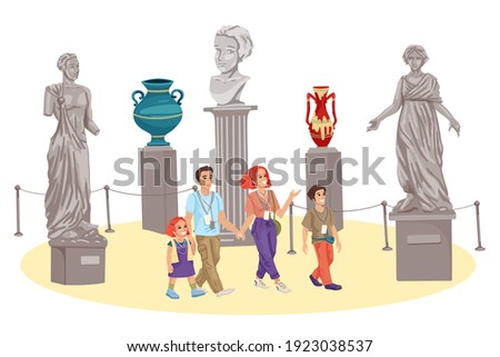 Family in the museum. Gallery with sculptures A family with children, tourists, going on a tour, with badges and headphones. Vector flat cartoon illustration, characters on white background