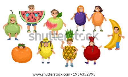 Children in fruit costumes. Group of characters on white background. Theatrical costumes, fairy-tale characters, teaching children about food. Vector cute flat illustration isolated on background