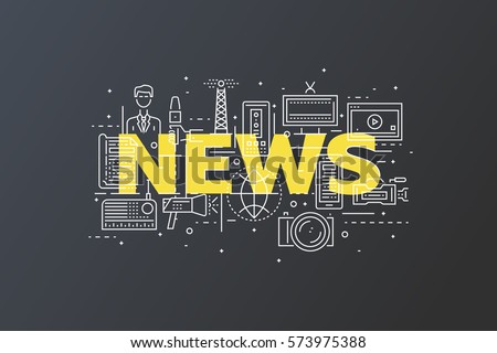 News Concept With Thin Line Pixel Perfect Icons. Anchorman, Newspaper, Tv, Radio, Video Content, Photos, Microphones. Vector Illustration