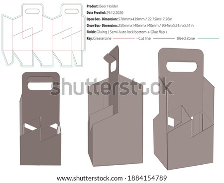 Four bottle holder top handles packaging design template gluing semi auto lock bottom die cut - vector