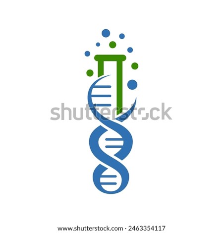 Science beaker and DNA logo with a blue and green substance. Perfect for educational materials, science blog posts, or laboratory related designs and presentations.