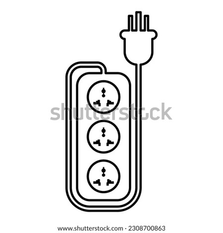 Strip multi plug network filter smart power tripled wire socket adapter electrical extension cable equipment cord electric tee contour outline line icon black color vector illustration image thin 