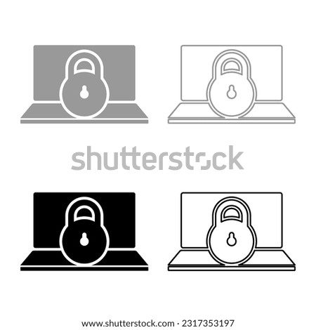 Laptop lock personal data security cyber access concept locked padlock use set icon grey black color vector illustration image solid fill outline contour line thin flat style