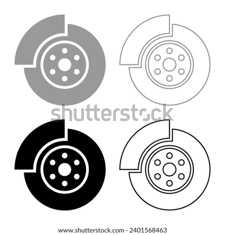 Car brake disk part gear system set icon grey black color vector illustration image solid fill outline contour line thin flat style