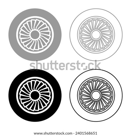 Turbine airplane turbomachine jet engine aircraft motor fan plane set icon grey black color vector illustration image solid fill outline contour line thin flat style