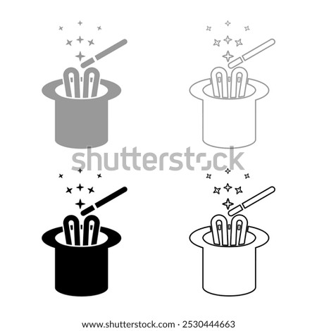 Hare ears in wizard's hat magic wand wizard conjure cylinder bunny rabbit appearing trick concept set icon grey black color vector illustration image solid fill outline contour line thin flat style