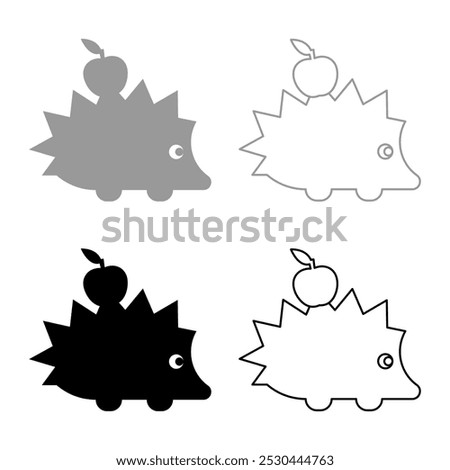 Cute hedgehog with apple set icon grey black color vector illustration image solid fill outline contour line thin flat style