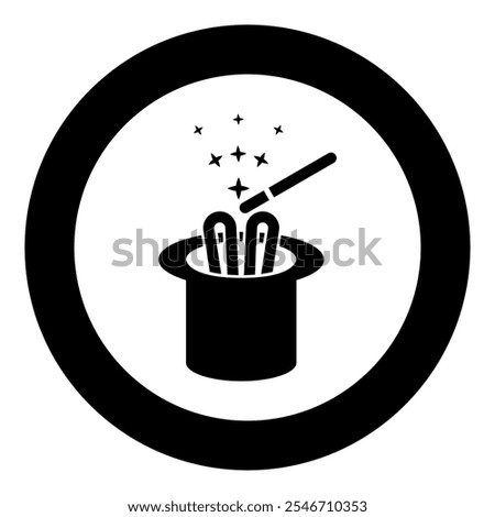 Hare ears in wizard's hat magic wand wizard conjure cylinder bunny rabbit appearing trick concept icon in circle round black color vector illustration image solid outline style