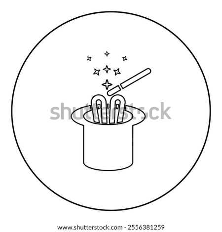 Hare ears in wizard's hat magic wand wizard conjure cylinder bunny rabbit appearing trick concept icon in circle round black color vector illustration image outline contour line thin style