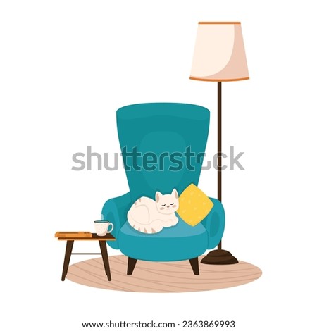 A cozy chair with a sleeping cat and a floor lamp nearby. Living room concept. Isolated cartoon vector illustration.