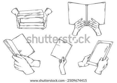 Books in Hands, Hand drawn Line Sketch Illustration Bundle