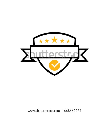 Shield label logo template with five star, ribbon and check mark. Shield frame vector. Shielding icon in black and yellow color, security and protector symbol