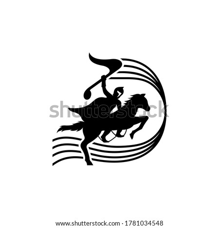 Music hero logo concept. Horse knight holding music note in black color for musical mascot logo template