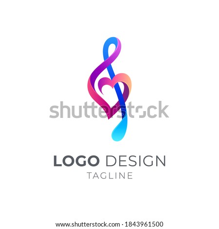 Love music logo, Music note and heart shape with 3d logo concept in multiple color