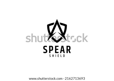 Arrow or spear head and shield logo. Icons of warriors, primitive tribes, strength, protection and defense. Simple flat concept in black on white background.