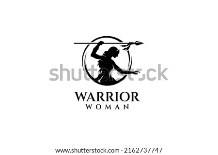 Warrior woman logo holding spear, wonder woman symbol, amazon tribe vector, athens icon, silhouette design style, flat, organic, adult, literal and classic, color black on white background
