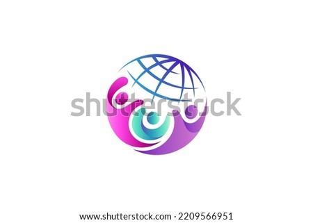 world or globe logo with people community or family, teamwork icon, world peace, charity care