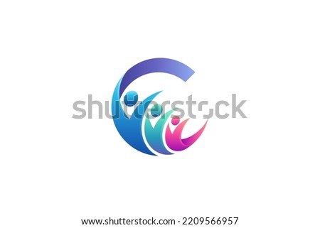 letter C logo with people group or family, team work icon, charity care symbols