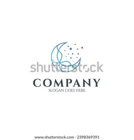 crescent moon line art illustration logo design with wave elements