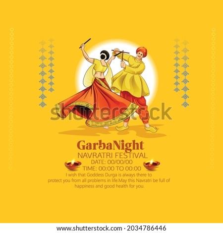 illustration of Goddess Durga Face For Happy Navratri, Couple Playing Garba and Dandiya in Navratri Celebration and Disco Night