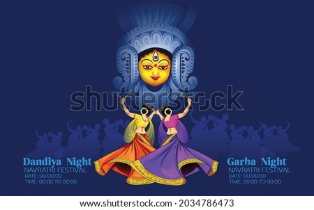 illustration of Goddess Durga Face For Happy Navratri, Couple Playing Garba and Dandiya in Navratri Celebration and Disco Night