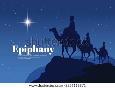 Happy epiphany day design. Three wise men on camel, bright star, nativity of Jesus.