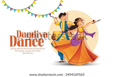 Navratri, illustration of couple dancing for Garba Night and dandiya dance party celebration poster or banner design, background and text message Wishing You All A Very Happy Navratri.