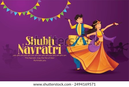 Navratri, illustration of couple dancing for Garba Night and dandiya dance party celebration poster or banner design, background and text message Wishing You All A Very Happy Navratri.