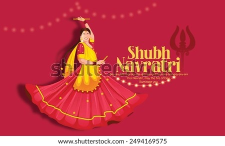 Navratri, illustration of couple dancing for Garba Night and dandiya dance party celebration poster or banner design, background and text message Wishing You All A Very Happy Navratri.