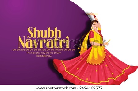 Navratri, illustration of couple dancing for Garba Night and dandiya dance party celebration poster or banner design, background and text message Wishing You All A Very Happy Navratri.