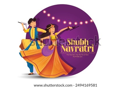 Navratri, illustration of couple dancing for Garba Night and dandiya dance party celebration poster or banner design, background and text message Wishing You All A Very Happy Navratri.