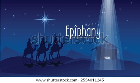 Illustration of the Three Wise Men presenting gifts to the newborn Baby Jesus under a starry night sky on Epiphany