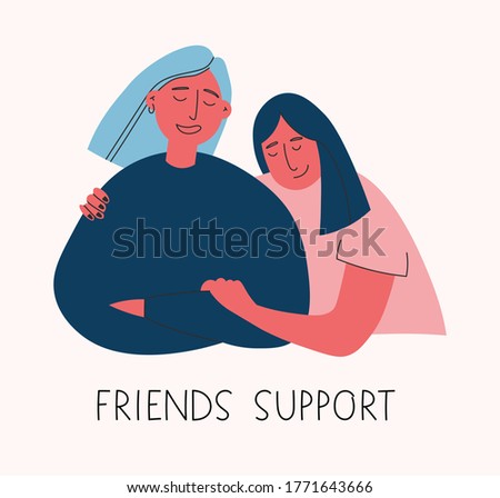 Vector illustration of two girls in a blue sweatshirt and a pink T-shirt. One girl hugs another. Mental health illustration.