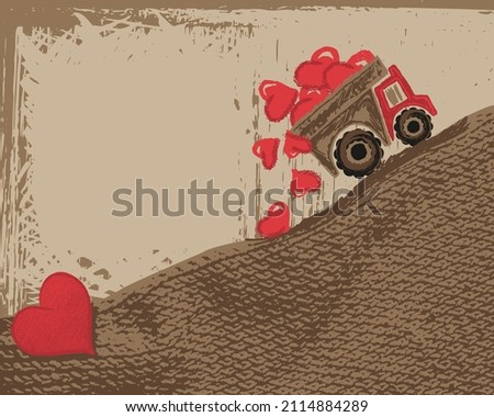 The truck delivers in the back and loses red hearts on a brown knitted surface. Male greeting template for valentine day or father day card with copy space