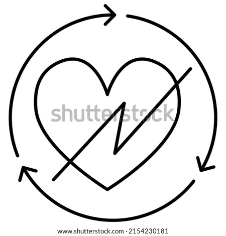 Simple linear icon of a lightning in the heart inside a circular arrow. The concept of improvement of heart function. Vector pictogram with thin lines. Line thickness editable