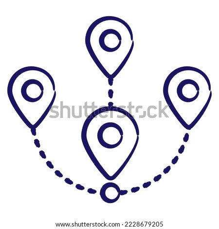 Multiple, multi routing, multi location, or multitasking. Map with marker pointers. Simple outline vector blue icon drawn with brush isolated on transparent background