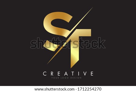 ST S T Golden Letter Logo Design with a Creative Cut. Creative logo design with Black Background.