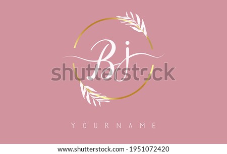 Bj b j Letters logo design with golden circle and white leaves on branches around. Vector Illustration with B and J letters for personal branding, business, eco friendly or natural products.  Stock fotó © 