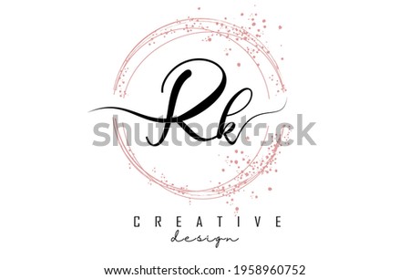 Handwritten Rk R k letter logo with sparkling circles with pink glitter. Decorative vector illustration with R and k letters. Stok fotoğraf © 