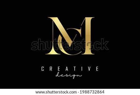 Golden MC m c letter logo concept with serif font and elegant style. Vector illustration icon with letters M and C.
