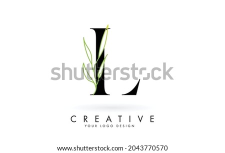 Elegant L letter logo design with long leaves branch vector illustration. Creative icon with letter L and natural elements. Foto stock © 
