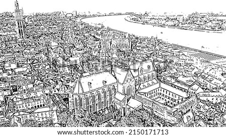 Antwerp, Belgium. St. Paul s Cathedral (Sint-Pauluskerk). Doodle sketch style. Aerial view