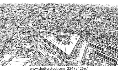 Turin, Italy - July 12, 2019: University of Turin - Campus Luigi Einaudi. Flight over the city. Top view. Doodle sketch style. Aerial view