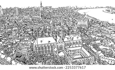 Antwerp, Belgium. St. Paul s Cathedral (Sint-Pauluskerk). Doodle sketch style. Aerial view