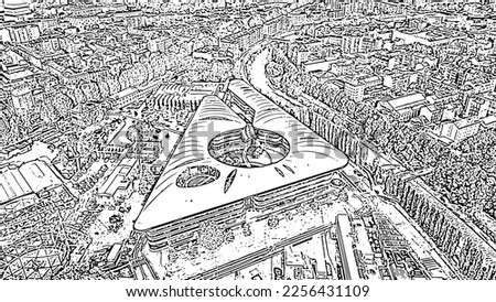 Turin, Italy - July 12, 2019: University of Turin - Campus Luigi Einaudi. Flight over the city. Top view. Doodle sketch style. Aerial view