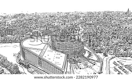 Strasbourg, France. The complex of buildings is the European Parliament. Doodle sketch style. Aerial view