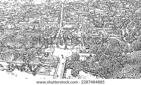 Turin, Italy. Flight over the city. Catholic Parish Church Gran Madre Di Dio. Doodle sketch style. Aerial view